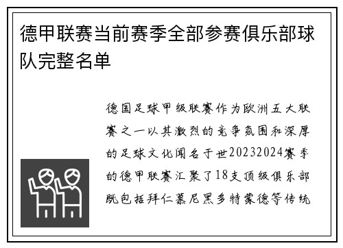 德甲联赛当前赛季全部参赛俱乐部球队完整名单